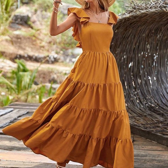 Mustard Yellow Casual Womens Ruffle Trim Layered Hem Dress - Picture 4 of 5